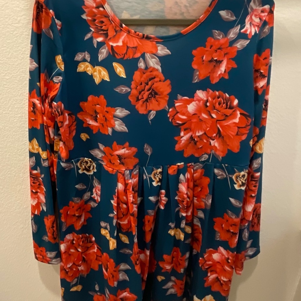 Long sleeved teal flowered dress